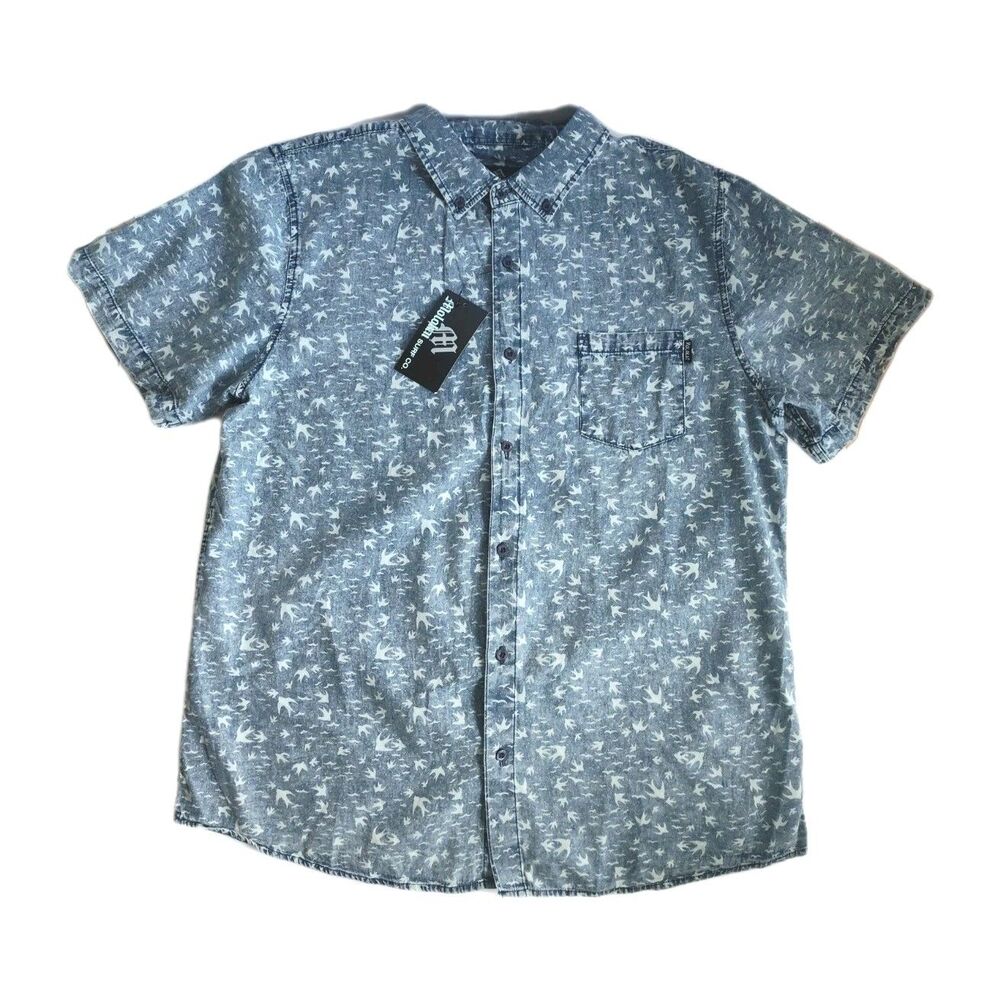 DS Y2K New MOLOKAI SURF CO. Men's Short Sleeve Shirt Blue XL Hawaiian Birds